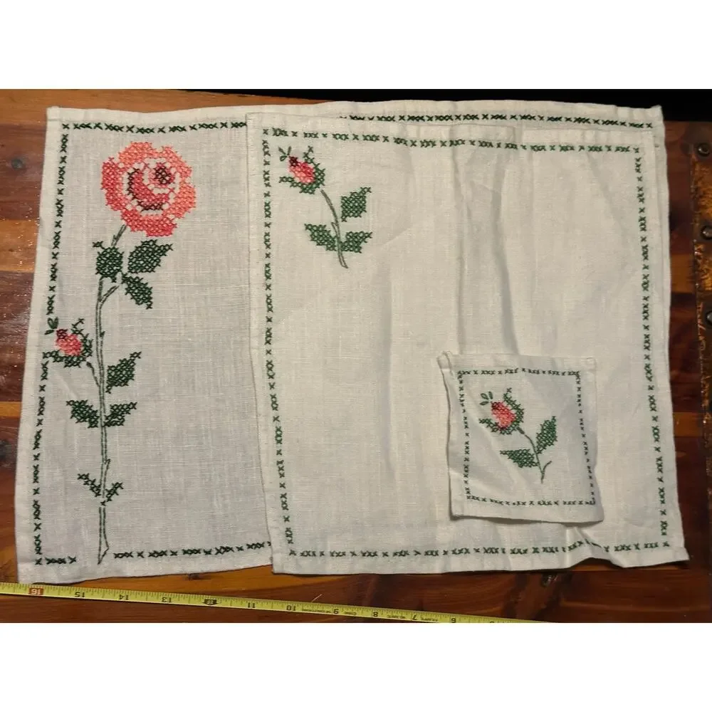 Vintage Rose‎  linen set, placemats,  napkins, coasters, embroidered linen